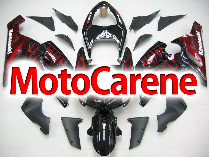 KAWASAKI ZX 6R Carena ABS Year 2005-2006 Kit Fairing Art 19 Nera Fiamme rosso Lucido